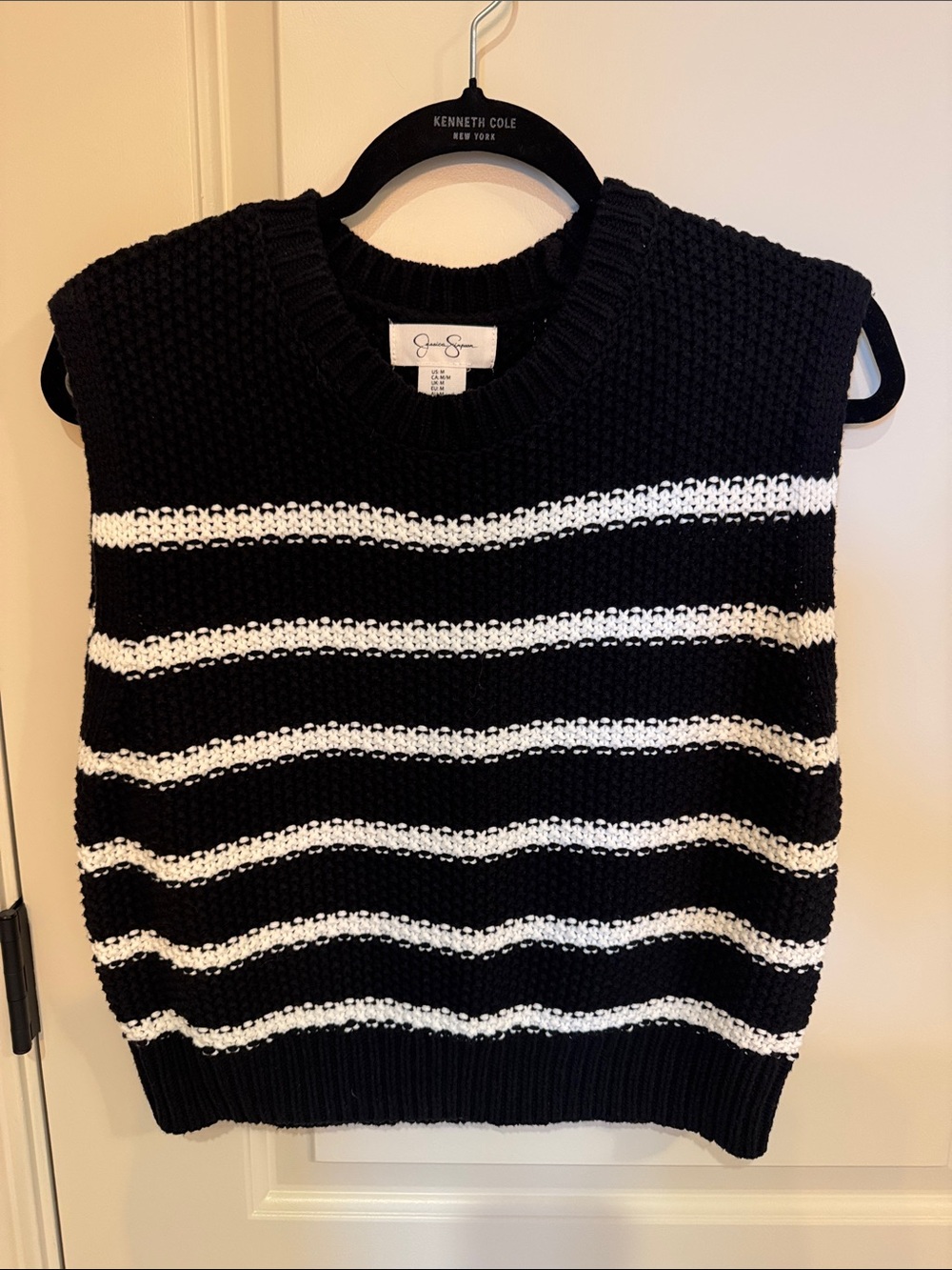 Jessica Simpson Black and White Striped Sleeveless Sweater Vest